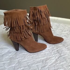 Joie Tan Fringe Suede Heeled Boots